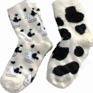 Women White Black Fuzzy Cow Print Warm Thick Cozy Slouchy Slipper Socks